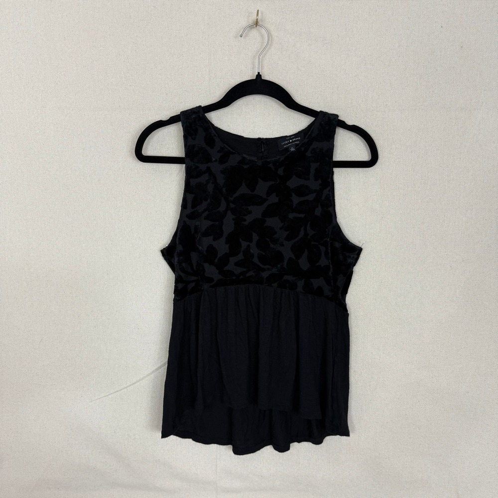 Lucky Brand Womens Black Burnout Velvet Floral Peplum Button Back Tank Top Small - Picture 3 of 6